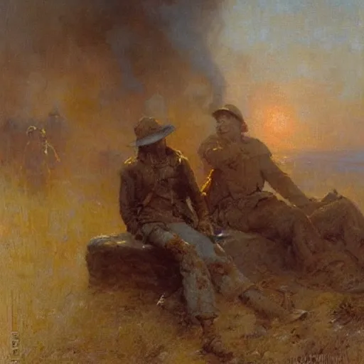 Prompt: Gaston Bussiere painting of tired and battered soldiers veiled by smoke looking up and observing the first rays of sunlight during dawnbreak, dramatic painting, dark, scary, hopeful