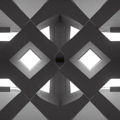 Image similar to symmetry, parallel perspective with center end point, parallax mapping of brutalist room, by maurits cornelis escher, octane render, high quality