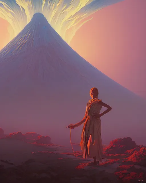 Image similar to highly detailed surreal vfx portrait of a sacred volcano, stephen bliss, unreal engine, greg rutkowski, loish, rhads, beeple, makoto shinkai and lois van baarle, ilya kuvshinov, rossdraws, tom bagshaw, alphonse mucha, global illumination, detailed and intricate environment