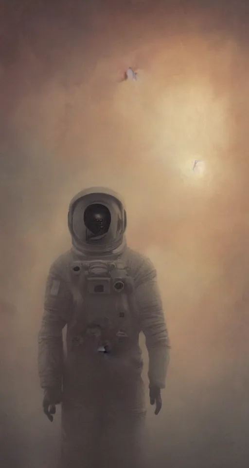 Image similar to Painting in a style of Beksinski featuring an astronaut, dramatic lighting, full face, very detailed, 8k, fog, portrait, movie scene, creepy