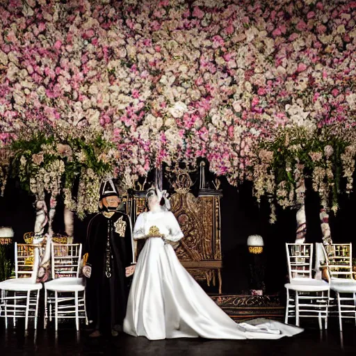 Prompt: A wide full shot, colored black and white Russian and Japanese mix historical fantasy a photograph portrait taken of inside a royal wedding floral covered venue inspired by a enchanted ethereal forest, 1907 photo from the official wedding photographer for the royal wedding.