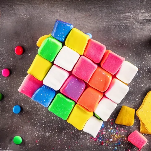 Prompt: photograph of a rainbow marshmallow cube with sprinkles on a dark wooden chopping board, hessian cloth, styled food photography, photorealistic, 4 k