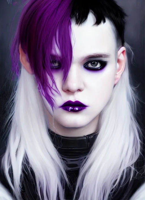 Image similar to portrait of white teenage girl, normal face, white bangs, mall goth, cyberlox, black and white hair, bangs, fluffy bangs, red contact lenses, purple lipstick, intricate, elegant, highly detailed, digital painting, artstation, concept art, sharp focus, smooth, illustration, art by wlop, mars ravelo and greg rutkowski