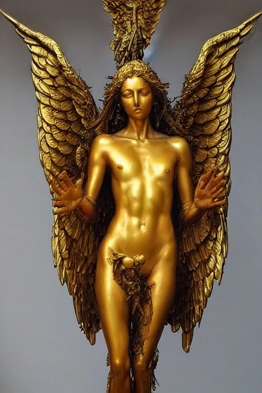 Prompt: realistic detailed statue the holy sacred mechanic angel with ethereal golden wings, made by Karol Bak, Mark Brooks and Bernini. Rich colors. Beksinski and Gerhard Richter painting. Masterpiece