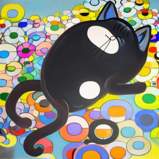 Image similar to an abstract oil painting of a cute fat black cat sleeping in the style of takashi murakami