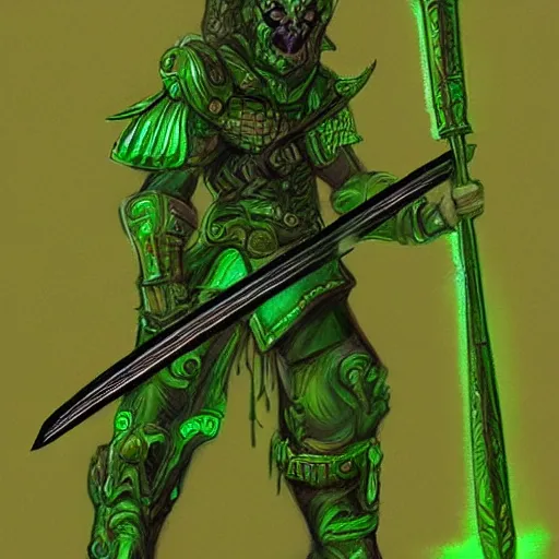 Image similar to Oil painting concept art of a magical acid sword glowing bright green, very intricate hilt, green color scheme, highly detailed concept art.