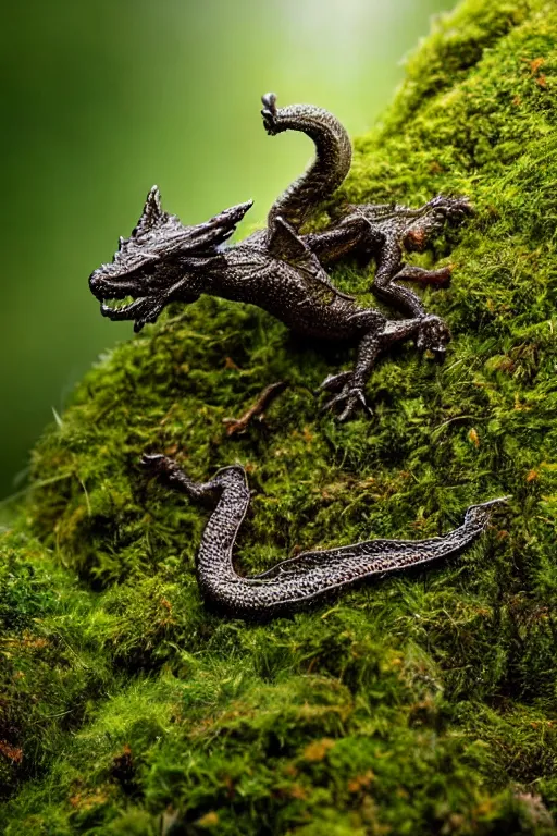 Image similar to a tiny dragon made of moss, dewdrops, macro, dramatic lighting, cinematic, establishing shot, extremely high detail, foto realistic, cinematic lighting, post processed, concept art, high details, cinematic, 8k resolution, beautiful detailed, photorealistic, digital painting, artstation, concept art, smooth, sharp focus, artstation trending, octane render, unreal engine