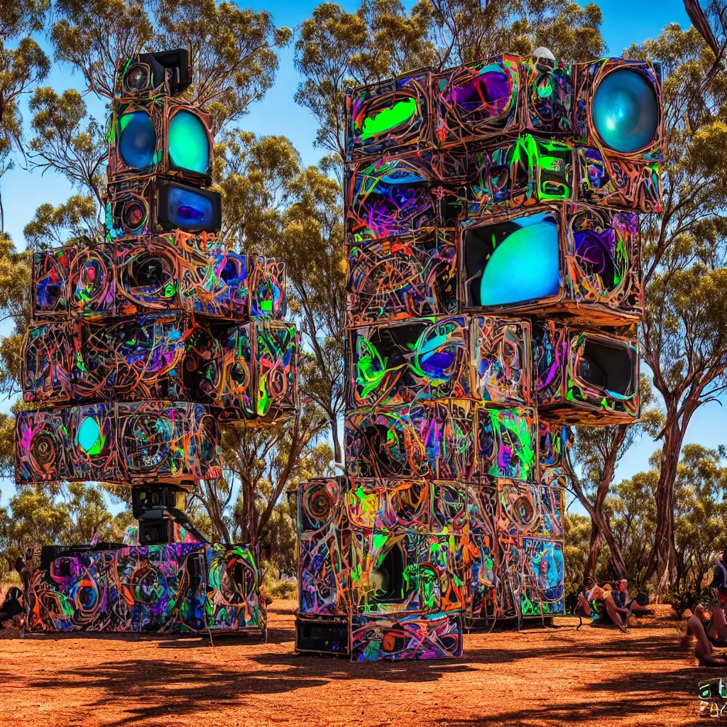 Prompt: psytrance party in the australian outback, with dancefloor and speaker stack, with beautiful architecturally designed living structures, concept art, urban planning, XF IQ4, 150MP, 50mm, F1.4, ISO 200, 1/160s, natural light