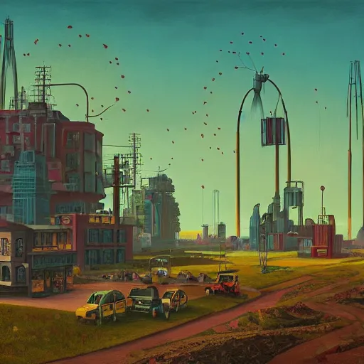 Prompt: A atompunk city in utopia by Simon Stålenhag In style of Grant Wood.hyper detailed,8K Resolution.oil on canvas