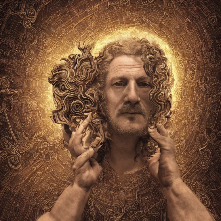 Image similar to octane render portrait by wayne barlow and carlo crivelli and glenn fabry and salvador dali and wes anderson, the ancient roman god of dmt, surrounded by a swirling whirldwind of psychedelic explosions, cinema 4 d, ray traced lighting, very short depth of field, bokeh