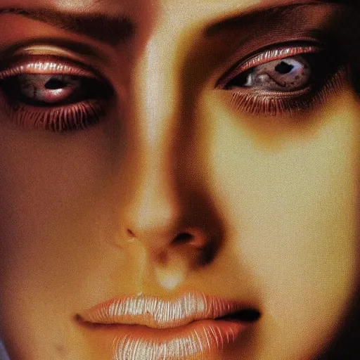 Image similar to beautiful extreme closeup portrait photo of 1990s frontiers in human replicant molecular fashion magazine September retrofuturism blade runner edition, highly detailed, focus on face, soft lighting