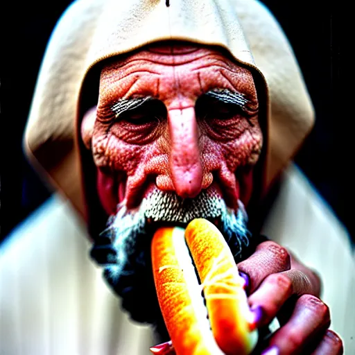 Image similar to Colour Photography of 1000 years old man with highly detailed 1000 years old face, that eating hot-dog in style of Josan Gonzalez