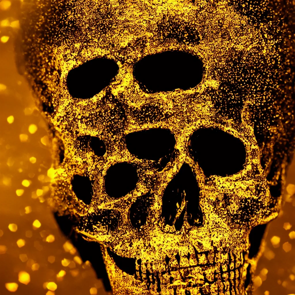 Image similar to black skull covered in dripping golden honey, golden hour, glistening, light rays, light bloom, bokeh, beautiful scene, HD render, octane render, VRAY, 8K, 4K