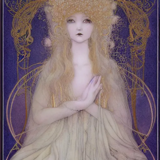 Prompt: portrait of a porcelain doll, illustration by Brian Froud and John Bauer, Art Nouveau composition