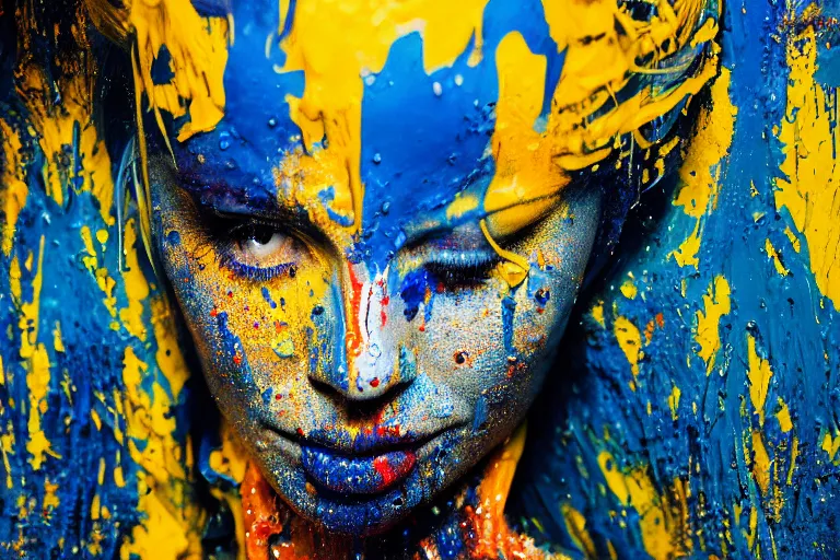 Prompt: a highly detailed cinematic headshot portrait photograph of a woman with a dripping paint face, with blue and orange and yellow paint splash, liquid, ultra realistic, beautiful rim lighting, by richard avedon and annie leibovitz and arnold newman, photorealistic, hyperrealistic, octane, hasselblad camera, zeiss lens, sharp focus, paint splash