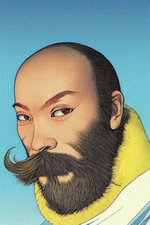 Image similar to a colorful closeup portrait of a young bald man with a very long wild beard dreaming psychedelic hallucinations in the vast icy landscape of antarctica, by kawase hasui, moebius and edward hopper, colorful flat surreal design, hd, 8 k, artstation