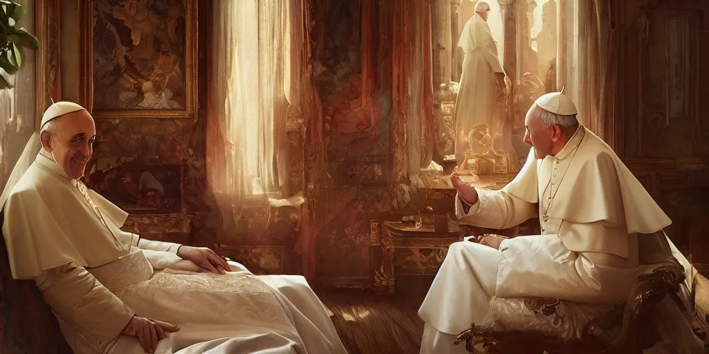 Image similar to photography of a pope making touching a sensual woman in a bedroom, deep focus, intricate, elegant, highly detailed, digital painting, artstation, concept art, matte, sharp focus, illustration, art by artgerm and greg rutkowski and alphonse mucha