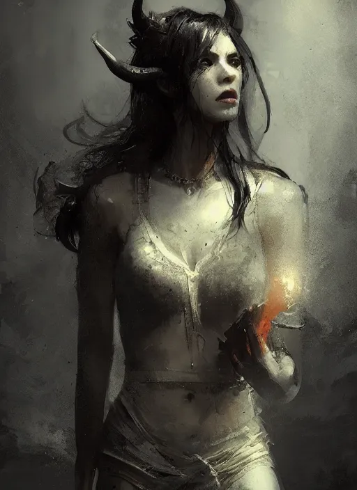 Image similar to female devil girl, beautiful face, rule of thirds, intricate outfit, spotlight, by greg rutkowski, by jeremy mann, digital painting