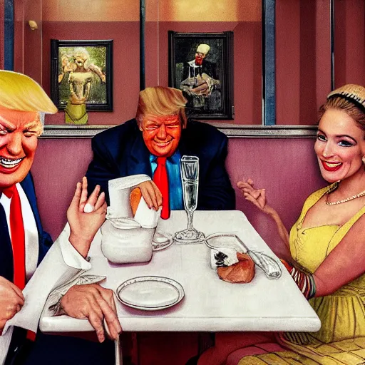 Prompt: smiling trump meets with laughing slaanesh at a diner, style of norman rockwell, 8 k, ultra detailed, photograph, rule of thirds.