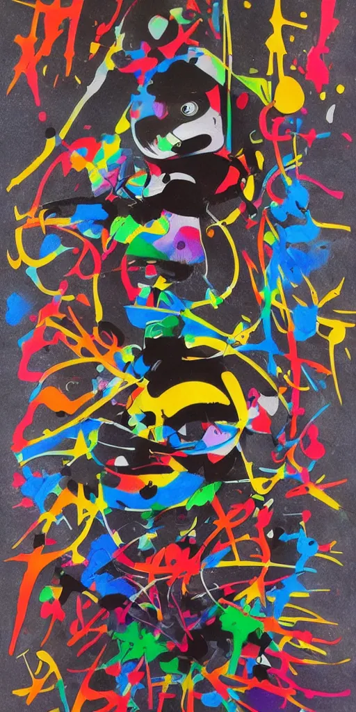 Image similar to minimalistic graffiti masterpiece, black background, psychedelic therapy, artwork by joan miro, trending on ArtStation, ink splatters, pen lines, incredible detail, creative, positive energy, happy, unique, negative space, face, artgerm