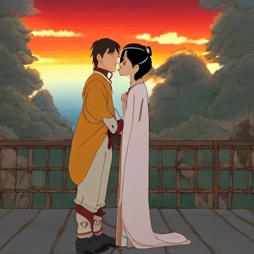 Prompt: Prince Zuko and Katara kissing at sunset in the style of Studio Ghibli