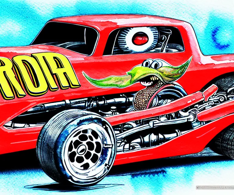 Prompt: roth's drag nut fuel, a pigeon driving a mega - suped - up - hotrod, oversized engine, ratfink style, ed roth, centered, watercolor pen illustration