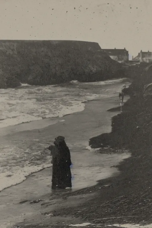 Prompt: daguerreotype of giant sea monster standing on beach at staithes, people observe, harbour
