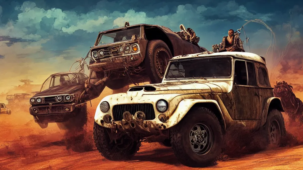 Prompt: digital illustration of mad max's fj 4 0 pursuit special riding fury road eternal shiny and chrome, world of fire and blood, the last v 8 interceptor driving down to the gates of valhalla highway, by makoto shinkai, ilya kuvshinov, lois van baarle, rossdraws, basquiat, global illumination ray tracing hdr