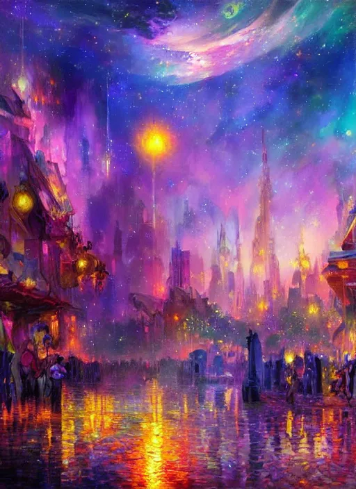 Prompt: ethereal starlit city of magic lost in time at sunset, art station, fauvism, matte painting, johan grenier, hd, digital painting