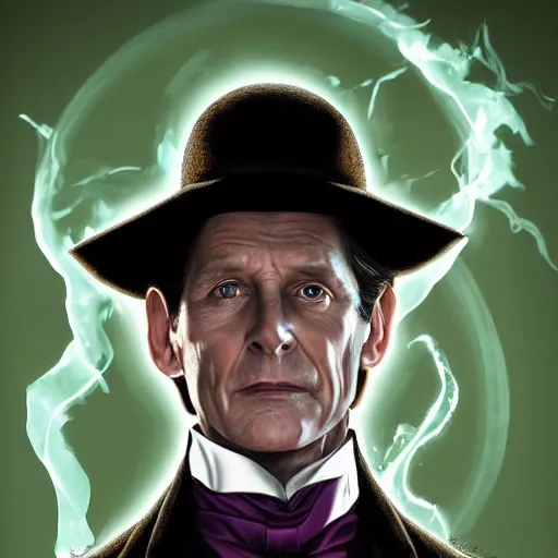 Prompt: Jeremy Brett as Sherlock Holmes as a powerful Warlock, with green energy emanating from his eyes, digital art 8k