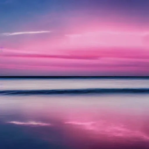 Image similar to dreamland blush colored sky with light feathery pink clouds on a reflective waveless flat open ocean reflecting the sky