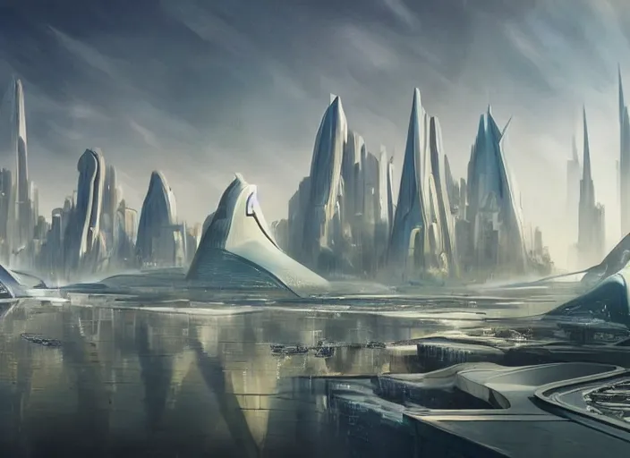Prompt: a futuristic city surrounded by water and mountains, a detailed matte painting by Jon McCoy and Zaha Hadid, trending on cgsociety, retrofuturism, matte painting, concept art, dystopian art
