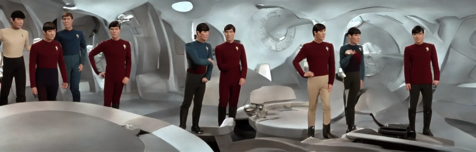 Image similar to a screencap of captain kirk, mr. spock and doctor mccoy on the bridge of the enteprise, in star trek the original series