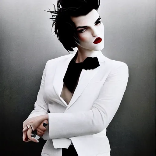 Image similar to stunning portrait of androgynous ruby rose as desire from sandman in a white tuxedo!!!, rockabilly style, by gregory crewdson, by alphonse mucha, by jeremy mann, by peter lindbergh, dave mckean, white suit and black tie, soft lightning, high detailed, 8 k