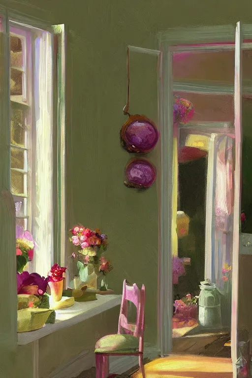 Prompt: beautiful digital matte painting of whimsical botanical illustration of shabby chic dressing room by greg rutkowki and edward hopper artstation