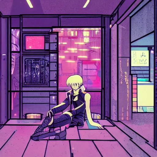 Image similar to cyberpunk girl sitting inside an empty store being looked at through the window in the style of satoshi kon, soft anime illustration, dark neon colors, soft ambience, beautiful composition, backlit, lots of details