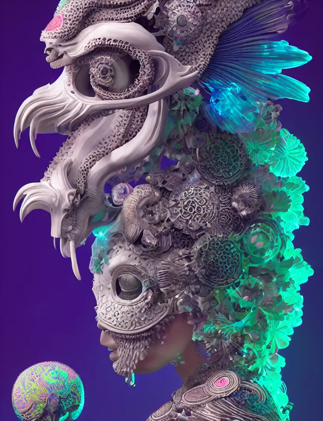 Image similar to 3 d goddess close - up profile solarpunk portrait ram skull. beautiful intricately detailed japanese crow kitsune mask and clasical japanese kimono. betta fish, jellyfish phoenix, bio luminescent, plasma, ice, water, wind, creature, artwork by tooth wu and wlop and beeple and greg rutkowski