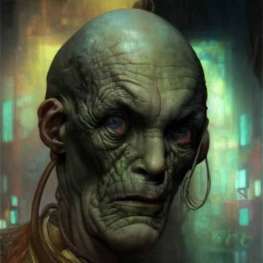 Prompt: hyperrealist portrait of an ancient old alien with large cruel intelligent eyes and a huge head standing in front of a computer interface by jeremy mann and alphonse mucha and goya, fantasy art, photo realistic, dynamic lighting, artstation, poster, volumetric lighting, very detailed faces, award winning, full face, symmetry