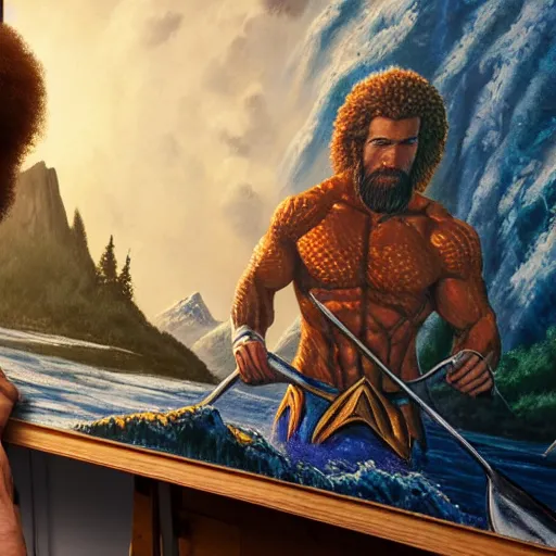 Image similar to a closeup photorealistic photograph of bob ross working on a canvas painting of aquaman. film still. brightly lit scene. mountains and trees. this 4 k hd image is trending on artstation, featured on behance, well - rendered, extra crisp, features intricate detail, epic composition and the style of unreal engine.