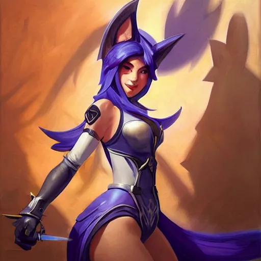 Image similar to greg manchess portrait painting of partially armored ahri from league of legends as overwatch character, medium shot, asymmetrical, profile picture, organic painting, sunny day, matte painting, bold shapes, hard edges, street art, trending on artstation, by huang guangjian, gil elvgren, ruan jia, randy vargas, greg rutkowski, gaston bussiere