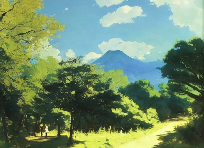 Image similar to oil painting of japanese forest path in midday by anders zorn, wonderful art by studio ghibli, incredible lighting, shadows, beautiful cinematic light, american romanticism by greg manchess, tall rocky mountains and storm clouds, sun rays, sunshine, bright sunny summer day, stone walls and wooden fences, meadow