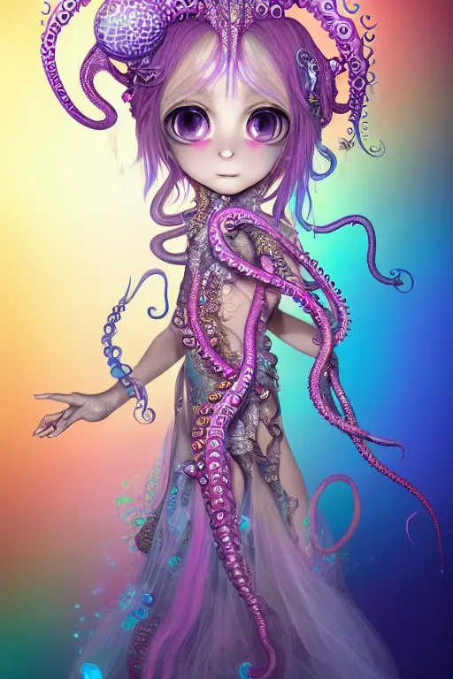 Prompt: A full body shot of a cute young magical girl wearing an ornate dress made of opals and tentacles. Chibi Monster GIrl. Subsurface Scattering. Dynamic Pose. Translucent Skin. Rainbow palette. defined facial features, symmetrical facial features. Opalescent surface. Soft Lighting. beautiful lighting. By Giger and Ruan Jia and Artgerm and WLOP and William-Adolphe Bouguereau and Loish and Lisa Frank. Fantasy Illustration. Sailor Moon. Masterpiece. trending on artstation, featured on pixiv, award winning, cinematic composition, dramatic pose, sharp, details, Hyper-detailed, HD, HDR, 4K, 8K.