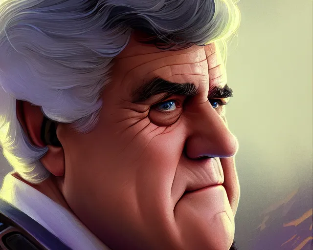 Image similar to close up of jay leno, focus, d & d, intricate, elegant, highly detailed, digital painting, artstation, concept art, matte, sharp focus, illustration, hearthstone, art by artgerm and greg rutkowski and alphonse mucha