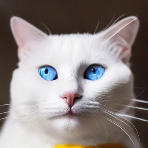 Prompt: a beautiful white cat with blue and yellow eyes
