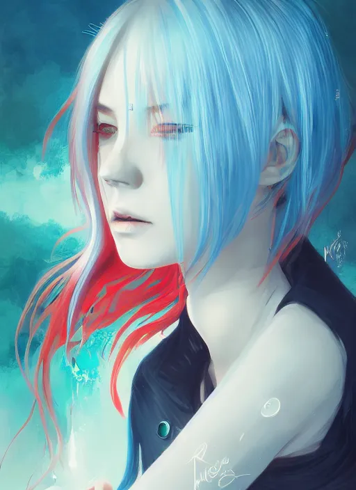 Image similar to red water swirling around rimuru tempest crying, enveloped in ghosts, sky blue straight hair, bangs, with amber eyes, black jacket, high collar, ultra fine detaile, dark theme, digital painting, psychedelic, cinematic, wlop, pixiv, ilya kuvshinov, ross tran