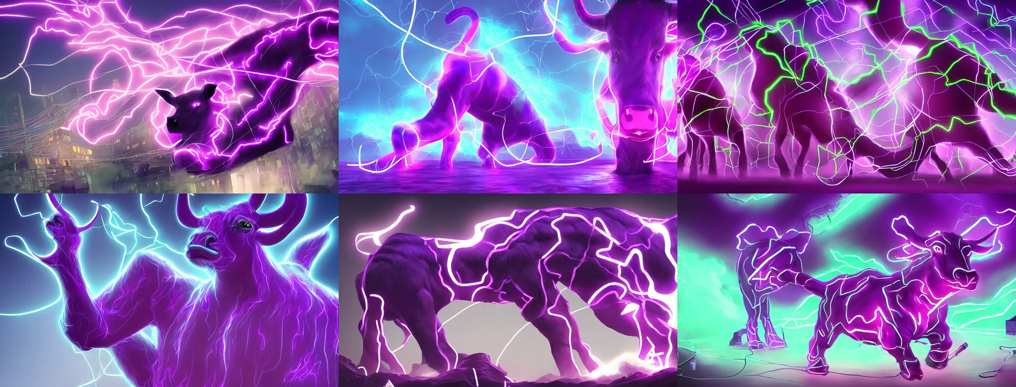 Prompt: very powerful neon purple electric cable yak bovine monster in a dream, award-winning digital art on Pixiv, trending on Artstation