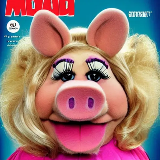 Prompt: mad magazine cover photo portrait caricature miss piggy muppets