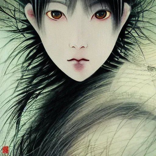 Image similar to yoshitaka amano blurred and dreamy realistic illustration of a japanese woman with black eyes, wavy white hair fluttering in the wind wearing elden ring armor with engraving, abstract patterns in the background, satoshi kon anime, noisy film grain effect, highly detailed, renaissance oil painting, weird portrait angle, blurred lost edges, three quarter view