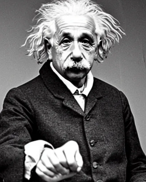 Image similar to an realistic photo of Albert Einstein holding a hand with 7 finders