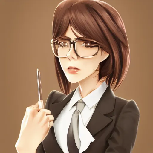 Image similar to woman in business suit, brown neat hair, animesque, pixiv, fanbox, trending on artstation, digital art, portrait, modern, sleek, highly detailed, formal, serious, determined, competent, colorized, smooth, charming, pretty, safe for work, blank background